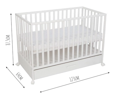 Łóżeczko niemowlęce z szufladą Luxe 120x60 cm białe klasyczne łóżeczko do pokoju niemowlęcego wykonane z litego drewna bukowego