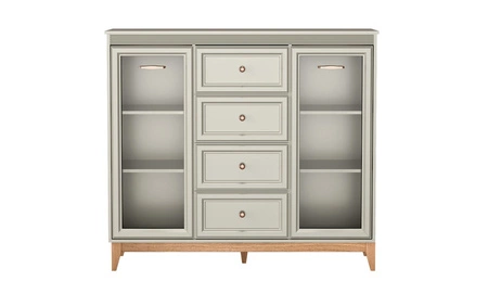 Komoda z szufladami Windsor 142 cm beżowy / dąb niezwykle elegancka komoda z przeszkleniem doskonała propozycja do jadalni i salonu