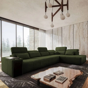 Narożnik z funkcją spania Tesalia XI zielony prawostronny nowoczesny narożnik z komfortowym przesuwanym oparciem i pojemną szufladą