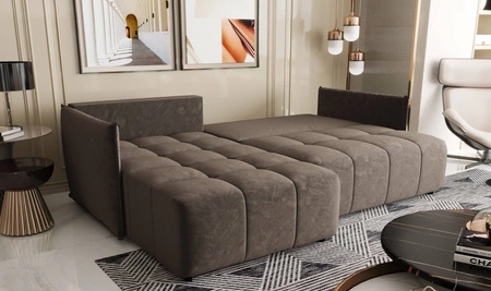 Narożnik z funkcją spania Oroso jasny brąz lewostronny miękka tkanina typu velvet z powłoką hydrofobową pojemnik na pościel