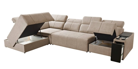 Narożnik z funkcją spania Tesalia XI niebieski lewostronny nowoczesny narożnik z komfortowym przesuwanym oparciem i pojemną szufladą