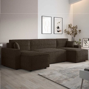 Narożnik z funkcją spania Brandon U Bis brązowy pojemnik na pościel podłokietniki tkanina o charakterystycznej pętelkowej powierzchni