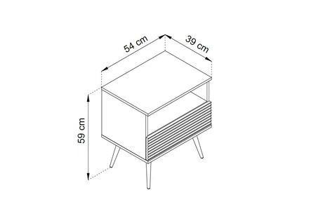 Szafka nocna z szufladą Luxury czarna elegancki design korpus zwieńczony złotą listwą szafka z ryflowanym frontem złote wysokie nogi