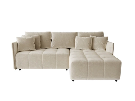 Narożnik z funkcją spania Oroso beżowy prawostronny miękka tkanina typu velvet z powłoką hydrofobową pojemnik na pościel