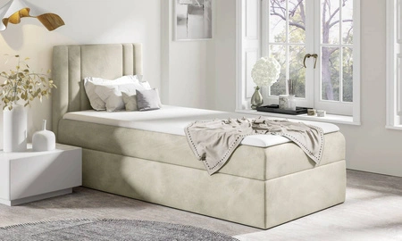 Łóżko kontynentalne Alia 100x200 beżowe nowoczesny styl idealne łóżko do pokoju dziecięcego subtelne pionowe przeczycia na wezgłowiu