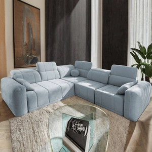 Narożnik z funkcją spania Cetara III błękitny prawostronny ergonomiczny narożnik z przesuwanym oparciem i regulowanymi zagłówkami