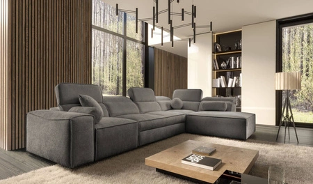 Narożnik z funkcją spania Viano XI szary prawostronny modny i stylowy narożnik z regulowanymi zagłówkami ozdobne poduszki