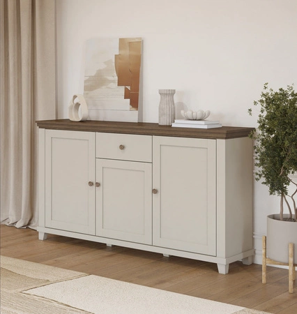 Komoda z szufladą Evora 160 cm beżowa / dąb dunin funkcjonalna idealna do wnętrz w stylu nowoczesnym klasycznym i skandynawskim