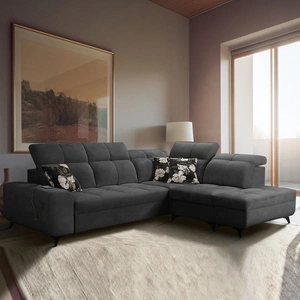 Narożnik z funkcją spania Buffalo VII grafitowy prawostronny stylowy narożnik rozkładany z pojemnikami na pościel welurowa tkanina