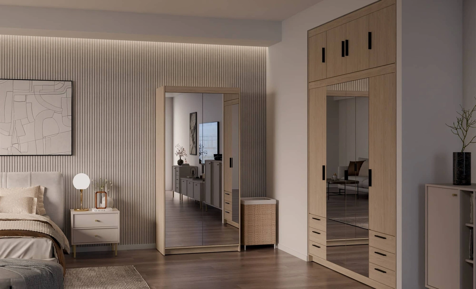 Szafa z lustrem do sypialni Rene Szafa na ubrania Szafa do przedpokoju z drzwiami uchylnymi