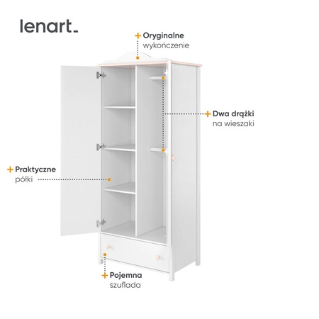 Szafa Luna 85 cm biały / różowy estetyczna szafa dedykowana do pokoju dziewczęcego wyposażona w dwa drążki na ubrania wiszące