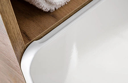 Słupek łazienkowy wiszący Aruba 25 cm dąb craft złoty / biały połysk stylowy design wąska szafka do łazienki ciekawy zaoblony kształt