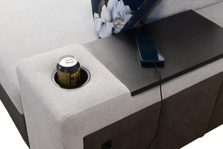 Narożnik z funkcją spania Flavio jasny szary / grafitowy lewostronny elegancki narożnik z dostawką otwierany barek w boczku mebla