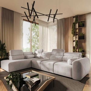 Narożnik z funkcją spania Cantare XI kremowy lewostronny funkcjonalny i komfortowy narożnik o nowoczesnym designie pluszowa tkanina