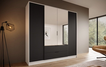 Szafa z lustrem Norel 200 cm biały / czarny stylowa szafa o nowoczesnym designie z ryflowanymi frontami i pojemnymi szufladami