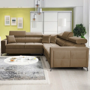 Narożnik z funkcją spania Nausa IV jasny brąz prawostronny velvet dekoracyjne przeszycia na siedzisku narożnik z pojemnikami na pościel