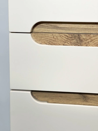 Zestaw mebli łazienkowych Bali beżowy / dąb wotan nowoczesne szafki do łazienki stylowe frezowane uchwyty stabilna podstawa