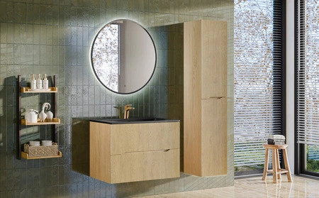 Szafka pod umywalkę Nordic Cremona 80 cm dąb cremona nowoczesna szafka do łazienki z ryflowaniami na froncie frezowane uchwyty