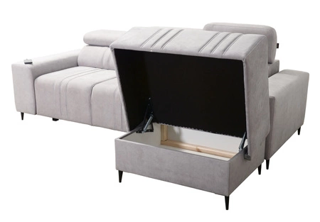 Narożnik z funkcją spania Castel szary popiel prawostronny komfortowy i stylowy narożnik rozkładany z pojemnikiem na pościel