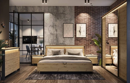 Szafa z lustrem Quant 250 cm dąb artisan / czarny nowoczesna forma subtelne podświetlenie LED idealna szafa do sypialni