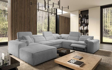 Narożnik z funkcją spania Viano VIII Lux jasny szary lewostronny designerski narożnik z wysuwanym podnóżkiem pojemniki na pościel