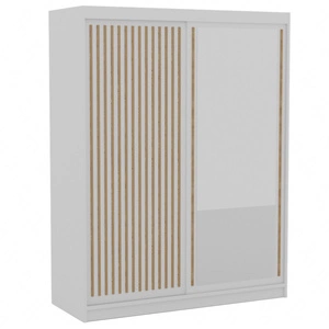 Szafa przesuwna z lustrem Delia 160 cm biała stylowa szafa z ozdobnymi lamelami w kolorze drewna wpasuje się do każdej aranżacji
