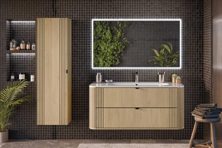 Słupek łazienkowy wiszący Ovalia Cremona 40 cm dąb cremona designerska szafka z wyrazistym ryflowaniem czarny uchwyt krawędziowy