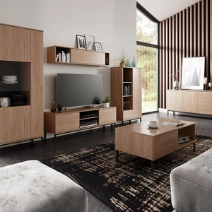 Zestaw mebli Tutti dąb hikora prosta forma meblościanki bryły wsparte na metalowej czarnej podstawie bezuchwytowy system push to open