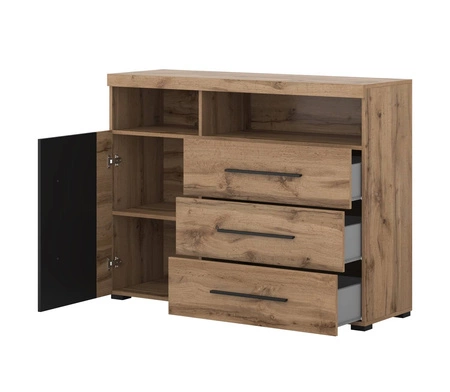 Komoda z szufladami Roger 121 cm dąb wotan / czarny nowoczesna stylistyka komody wzbogacona o stylowe czarne dodatki idealna do salonu sypialni