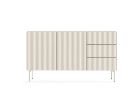 Komoda z szufladami Muti 147 cm beżowa stylowa komoda z designerskim ryflowaniem wysokie nogi podkreślają elegancką stylistykę