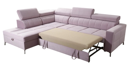 Narożnik z funkcją spania Nausa III beżowy lewostronny velvet stylowy komfortowy narożnik regulowane zagłówki pojemnik na pościel