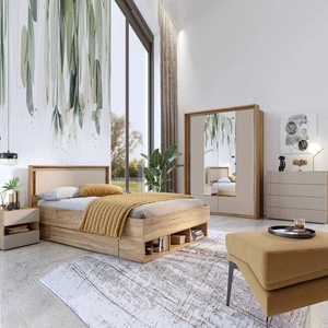 Zestaw mebli do sypialni Impressio dąb mauvella / ciemny beżowy eleganckie i uniwersalne meble do sypialni w nowoczesnym stylu pojemne szuflady