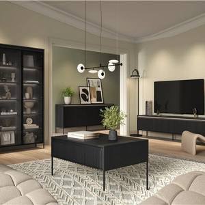 Zestaw mebli Trend czarny nowoczesny design meble z klimatycznym oświetleniem w postaci paska led pod górnym blatem ryflowane fronty