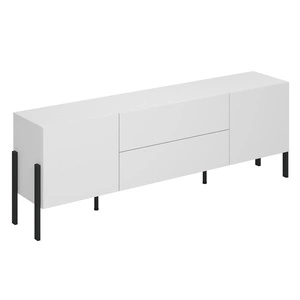 Szafka RTV Jukon 204 cm biała elegancka forma szafki z szufladami w nowoczesnym stylu system otwierania push to open metalowe czarne nogi