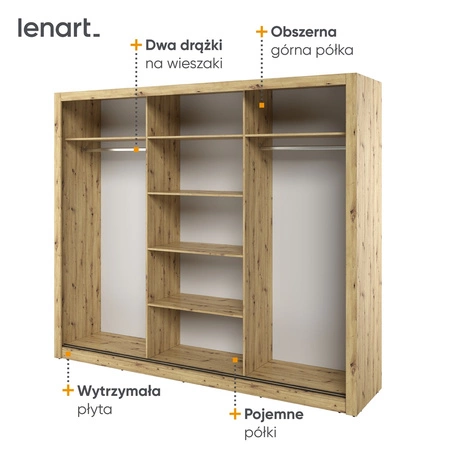 Szafa przesuwna z lustrem Arti 250 cm dąb artisan pojemna szafa do sypialni lub przedpokoju drzwi szafy wykończone dużymi lustrami