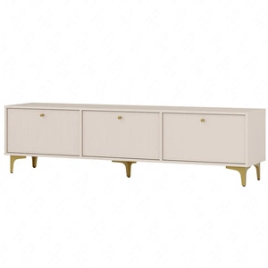 Szafka RTV Kioto I 180 cm beżowa stylowy design metalowe nogi szafka z drzwiami otwieranymi do dołu stonowana kolorystyka