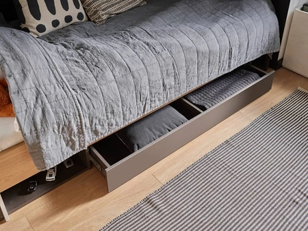 Łóżko Teen Flex 120x200 cm hikora naturalna / silk flou / raw steel komfortowe łóżko z podświetlanym zagłówkiem pojemna szuflada