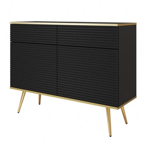 Komoda z szufladami Luxury 107 cm czarna stylowa komoda z ryflowanymi frontami korpus zwieńczony złotą listwą złote metalowe nogi