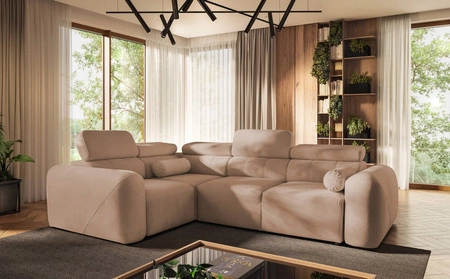 Narożnik z funkcją spania Cantare II łososiowy lewostronny komfortowy narożnik do salonu o stylowym charakterze miękka tkanina