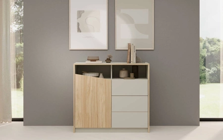 Komoda z szufladami Atson 100 cm szarobeżowy / dąb olejowany lewa stylowy design komody ciekawy kształt frontu nadaje oryginalności