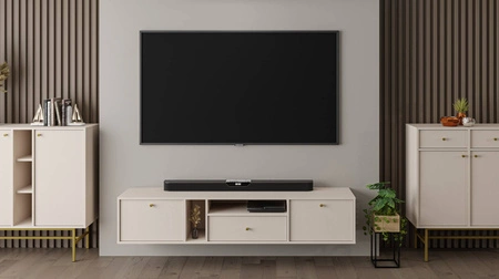 Szafka RTV wisząca Kioto IV 180 cm beżowa elegancka szafka w stonowanej kolorystyce subtelne uchwyty w kolorze złotym