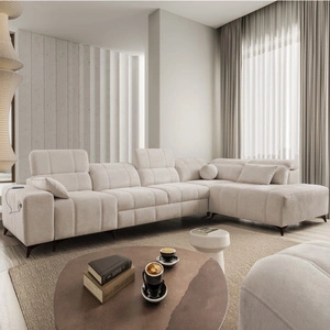 Narożnik z funkcją spania Penejos XI beżowy prawostronny wygodny narożnik z regulowanymi zagłówkami i dwoma pojemnikami na pościel