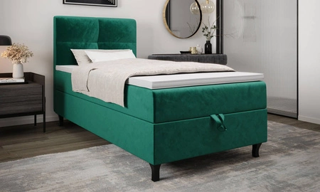 Łóżko kontynentalne Melba 120x200 butelkowa zieleń w nowoczesnym skandynawskim stylu z tapicerowanym zagłówkiem łóżko z pojemnikiem