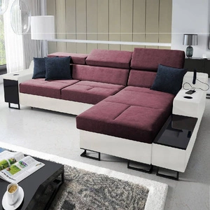 Narożnik z funkcją spania Alcamo burgundowy / biały prawostronny stylowy narożnik z dostawką praktyczna szuflada w boczku mebla