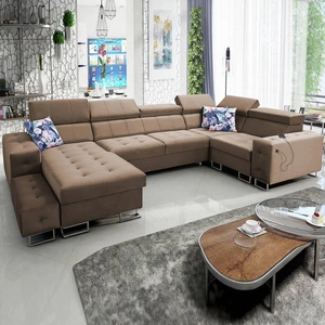 Narożnik z funkcją spania Hampton IV jasny brąz lewostronny funkcjonalny narożnik z dostawką która sprawdzi się jako podnóżek