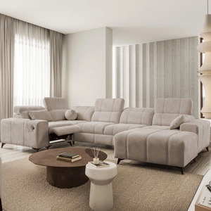 Narożnik z funkcją spania Penejos IV Lux ciemny beżowy prawostronny stylowy narożnik rozkładany z komfortowym wysuwanym podnóżkiem