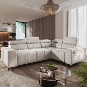 Narożnik z funkcją spania Castel II beżowy prawostronny komfortowy narożnik z regulowanymi zagłówkami pojemnik na pościel