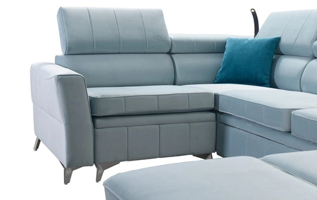 Narożnik z funkcją spania Rava V lazurowy prawostronny komfortowy narożnik z pojemnikami na pościel oraz wielofunkcyjną lampką