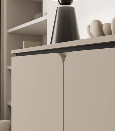 Komoda z szufladami Belle 163 cm ciemny beżowy elegancka komoda o zaokrąglonym kształcie system otwierania push to open metalowe czarne nogi