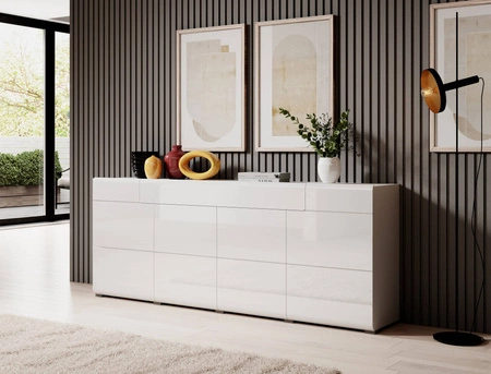Komoda z szufladą Toledo 208 cm biała / biały połysk nowoczesny design fronty komody delikatnie zaoblone